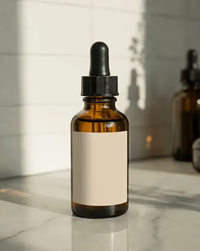 Sleek Glass Essential Oil Bottle Sticker Mockup On Reflective Marble Under Natural Light 0162