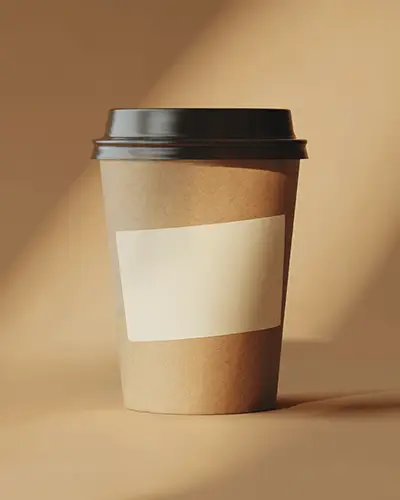 Eco Friendly Takeout Coffee Cup Sticker Mockup With Lid On Warm Toned Background 0163