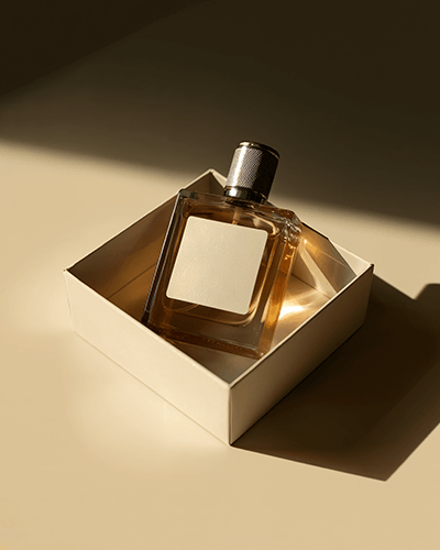 Sophisticated Perfume Bottle Sticker Mockup Encased In Luxury Box With Mellow Lighting 0164