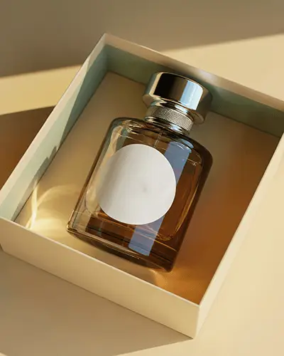 Luxurious Glass Bottle Perfume Sticker Mockup In Elegant Box Under Warm Ambient Lighting 0165