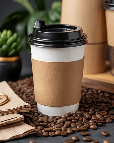 Takeaway Coffee Cup Sticker Mockup On Top Of Coffee Beans With Green Plants In Background 0168