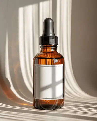 Amber Glass Dropper Bottle Sticker Mockup With White Label On Wavy Textured Surface 0169