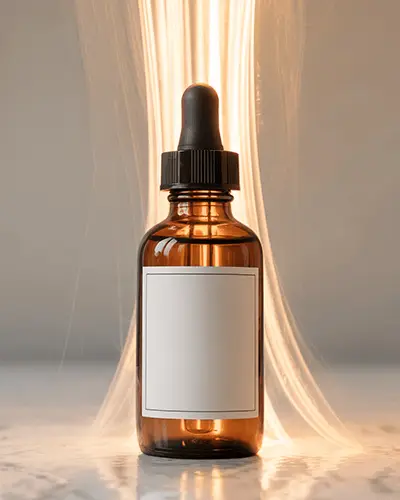 Clear Glass Dropper Bottle Sticker Mockup With Label On Marble Under Soft Shadows 0170