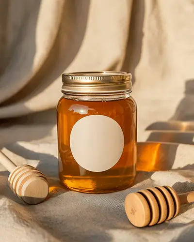 Glass Honey Jar Sticker Mockup With Wooden Drizzler On Textured Cloth Under Natural Light 0172