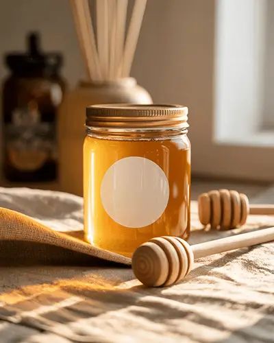 Honey Jar Sticker Mockup Wooden Drizzler On Top Warm Light Creating Soft Focus Background 0174