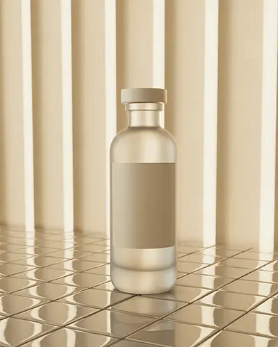 Elegant Bottle Sticker Mockup On Glossy Tiled Surface With Beige Lighting And Modern Minimal Background 0181