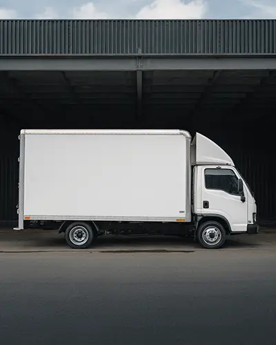 Delivery Truck Side View Sticker Mockup With White Body And Industrial Warehouse Background For Brand Display 0183