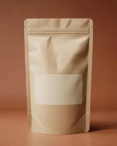 Kraft Standup Pouch Sticker Mockup On Matte Brown Background For Organic Food Or Coffee Packaging Design 0185