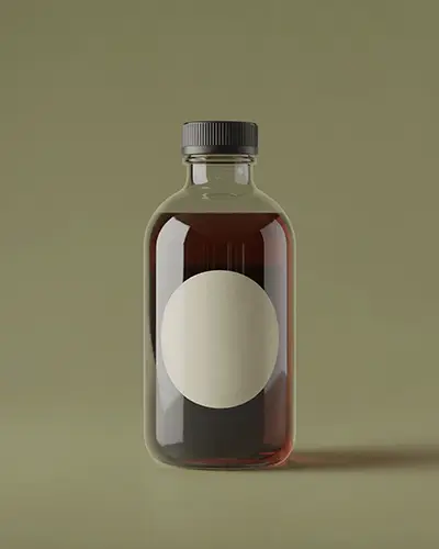 Amber Glass Bottle Sticker Mockup With Round Label And Black Cap On Olive Green Background 0186