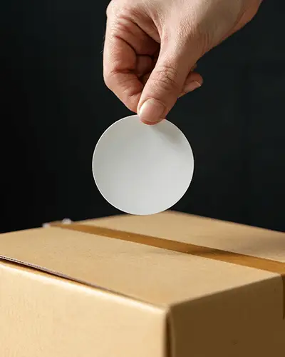 Hand Holding Round Sticker Mockup Above Cardboard Box In Studio Light With Black Background 0188