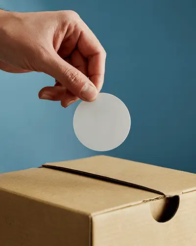 Hand Placing Round Sticker Mockup Above Craft Shipping Box With Blue Background And Natural Light 0189