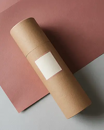 Kraft Paper Tube Sticker Mockup With Rectangular Label On Pink And Grey Paper Background 0190