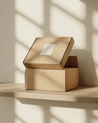 Kraft Box Sticker Mockup With Lid Open On Wooden Shelf In Sunlit Room Featuring Soft Shadows 0191