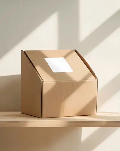 Kraft Mailer Box Sticker Mockup With Angled Label And Sunlit Wooden Shelf In Minimalist Room 0192