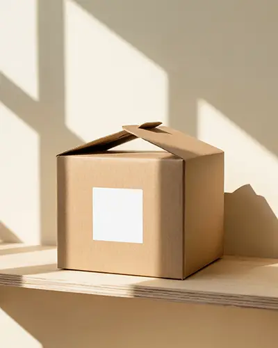 Kraft Cardboard Box Sticker Mockup In Sunlit Interior With Closed Flaps And White Label On Front 0193