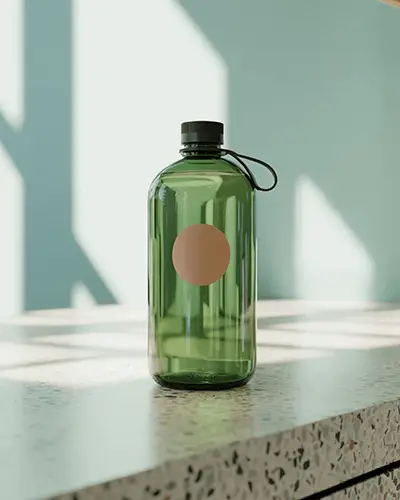 Green Water Bottle Sticker Mockup On Terrazzo Counter In Sunlit Room With Modern Blue Background 0197