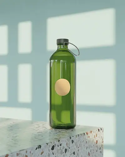 Tall Green Water Bottle Sticker Mockup With Round Label On Speckled Countertop In Sunlit Blue Room 0198