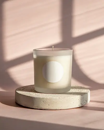 Sunlit Minimal Candle Sticker Mockup On Glass Container With Round Label And Soft Pink Shadow Play 0199