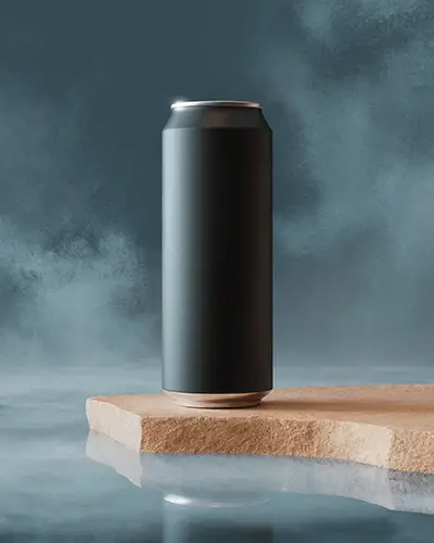 Premium Beverage Can Sticker Mockup In Dark Environment On Textured Rock Surface With Soft Mist 0202