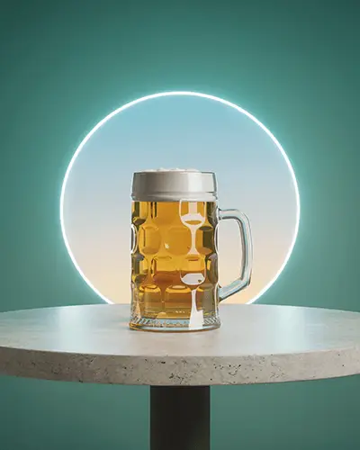 Classic Beer Mug Sticker Mockup With Round Glass And Foam Head On Concrete Table In Neon Backlit Scene 0204