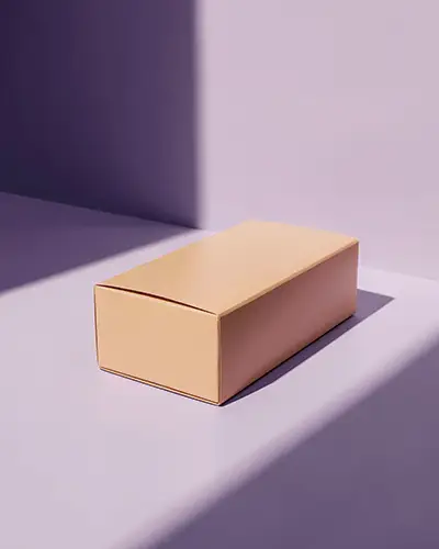 Pastel Orange Mailer Box Sticker Mockup On Purple Surface With Top And Side Brand Labels In Hard Light 0210