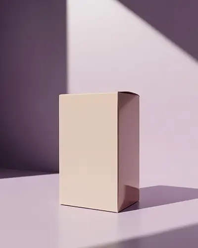 Vertical Product Box Sticker Mockup On Beige Packaging In Purple Studio With Soft Angled Light 0211
