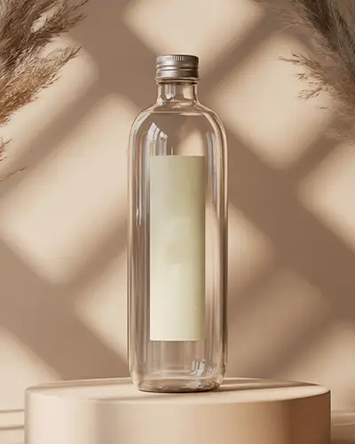 Elegant Clear Glass Bottle Sticker Mockup On Minimal Podium With Beige Shadow Backdrop 0213