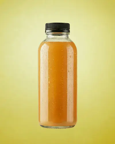 Front View Clear Juice Bottle Sticker Mockup On Bright Yellow Background With Condensation Effect 0214