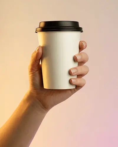 Close Up Hand Holding Paper Coffee Cup Sticker Mockup Against Soft Gradient Warm Background 0223