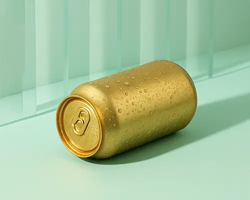 Metallic Gold Soda Can Sticker Mockup Condensation Effect On Minimal Mint Surface 0226
