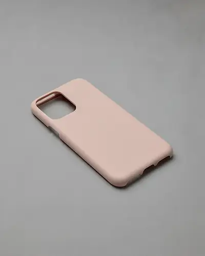 Minimal Top View Sticker Mockup On Soft Pink Phone Case Over Gray Background Clean Brand Scene 0771
