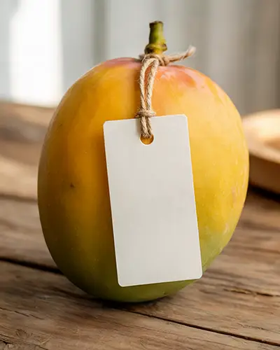 Rustic Fruit Tag Sticker Mockup Hanging Label On Ripe Mango Wooden Surface Warm Natural Light 0232