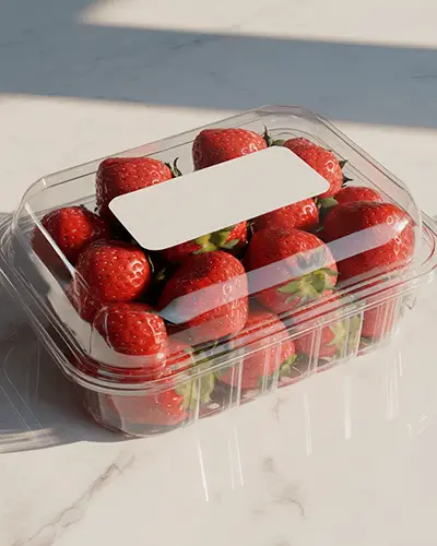 Fresh Produce Sticker Mockup On Clear Strawberry Packaging With Sunlight And Marble Countertop 0233