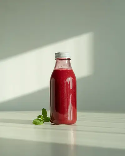 Raspberry Juice Bottle Mockup With Sticker Label In Natural Light On Minimal Modern Tabletop 0236