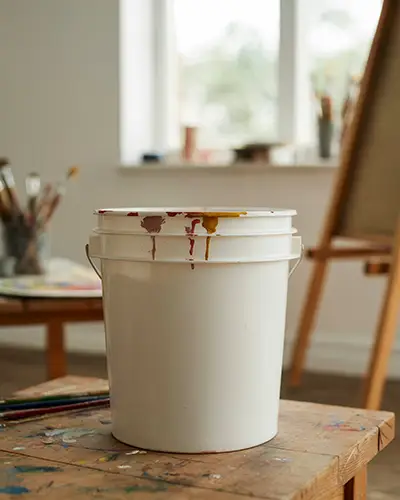 Branding Sticker Mockup On Plain White Container With Artist Supplies In Bright Craft Room 0237