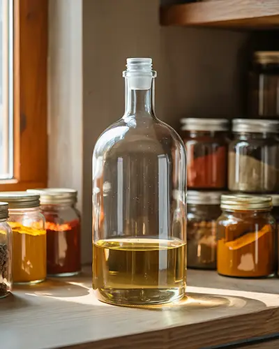 Rustic Interior Sticker Mockup On Oil Filled Glass Bottle In Morning Light Kitchen Window Scene 0238
