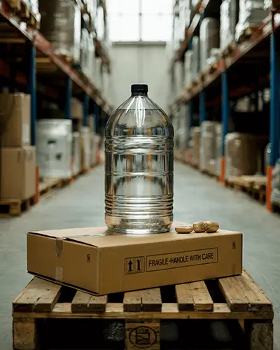 Warehouse Packaging Sticker Mockup On Large Water Bottle With Cardboard Box And Industrial Racks