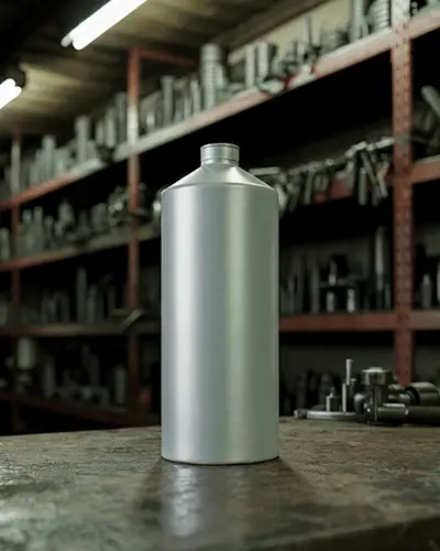 Rugged Workbench Bottle Sticker Mockup In Mechanic Garage Setting With Metallic Surface And Tools 0240