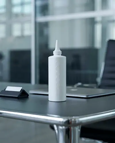 Indoor Office Environment Sticker Mockup On Bottle In Modern Meeting Room