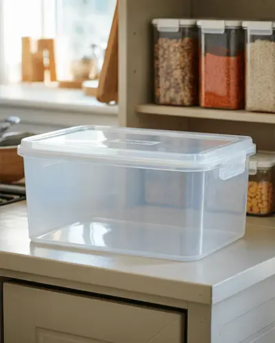 Clear Food Container Sticker Mockup On Kitchen Counter In Daylight Setting