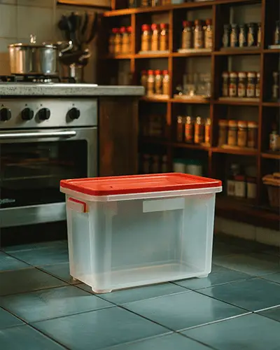 Plastic Storage Tub Sticker Mockup On Tiled Kitchen Floor With Well Stocked Shelves