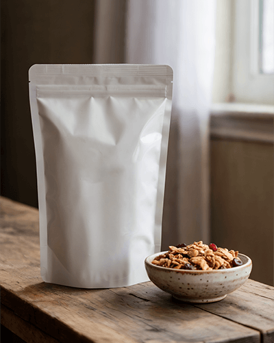 Stand Up Pouch Sticker Mockup On Wooden Table Near Window And Breakfast Snack