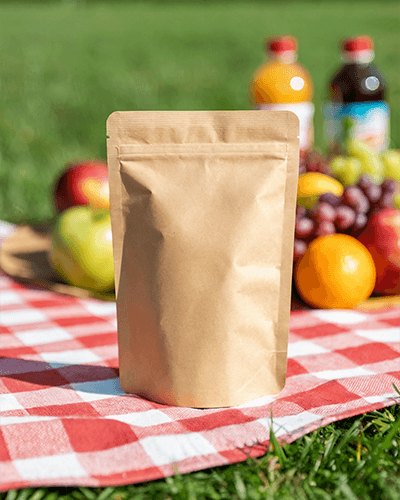 Picnic Scene Sticker Mockup On Kraft Pouch Bag Placed On Checkered Blanket In Sunny Park