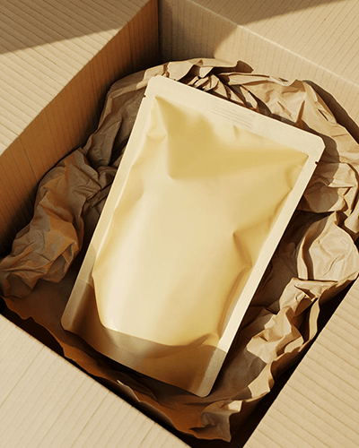 Cardboard Packaging Pouch Sticker Mockup With Natural Light And Paper Padding