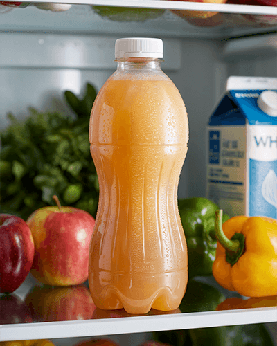 Fresh Refrigerator Juice Bottle Sticker Mockup With Condensation And Fruit Background