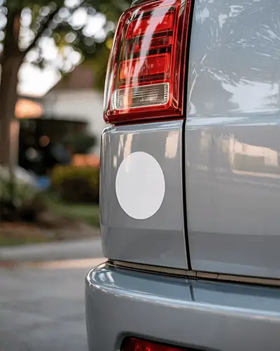 Circular Bumper Sticker Mockup With Red Tail Light And Gray Body Paint