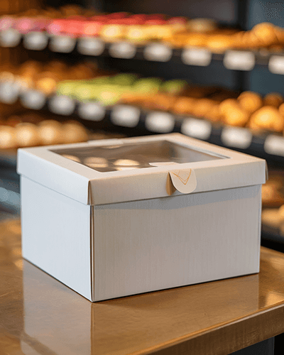 Bakery Counter Box Sticker Mockup With Transparent Lid And Shelves In Background