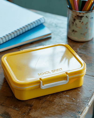 Plastic Tiffin Box Sticker Mockup In Classroom Setting With Vintage Wooden Table