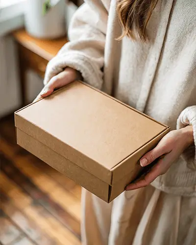 Kraft Box Sticker Mockup Held In Hands Warm Interior Soft Natural Light Setting