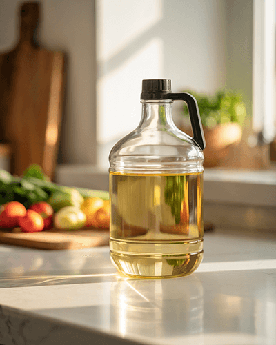 Sunlit Kitchen Oil Bottle Sticker Mockup On Clear Container With Handle And Fresh Vegetables Around 0261